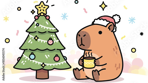 Adorable capybara enjoys a warm drink by a festive holiday Christmas tree