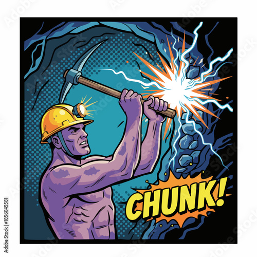 Retro cartoon miner striking rock with pickaxe in dark mine.