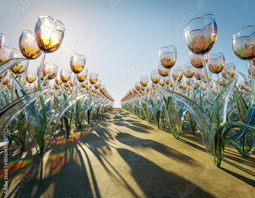 Surreal field of delicate blown glass tulip flower in pastel colors. Warm sunlight shines through transparent petal, creating dreamy and magical landscape view with long shadow