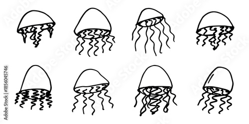Set of hand drawn jellyfish doodle Sea animal illustration Cute marine underwater creature Medusa sketch clipart Single element for web, design, decor, children's print