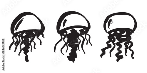Set of hand drawn jellyfish doodle Sea animal illustration Cute marine underwater creature Medusa sketch clipart Single element for web, design, decor, children's print