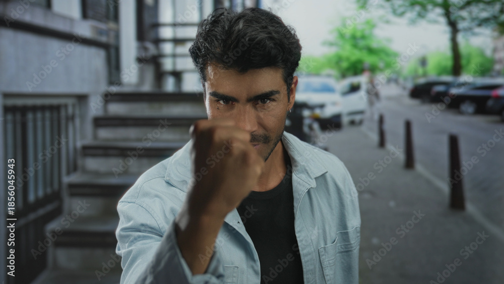 Fototapeta premium Young hispanic man shakes raised fist on urban sidewalk by stairs and parked cars in city street; anger.