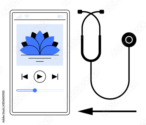 Meditation app. Meditation through mobile app interface with a lotus icon. Meditation promotes relaxation and wellness, connecting sound therapy and holistic health. For wellness apps, digital