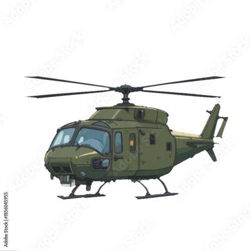 Illustration of a flat colored military helicopter icon on a plain background 