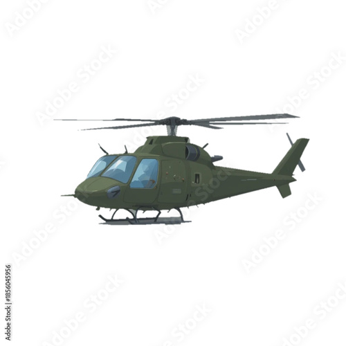 Illustration of a flat colored military helicopter icon on a plain background 