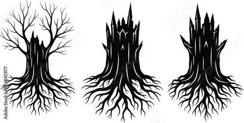 Fantasy castle tree silhouettes with roots and branches, dark mystical forest illustration set, gothic fairytale design isolated on white background