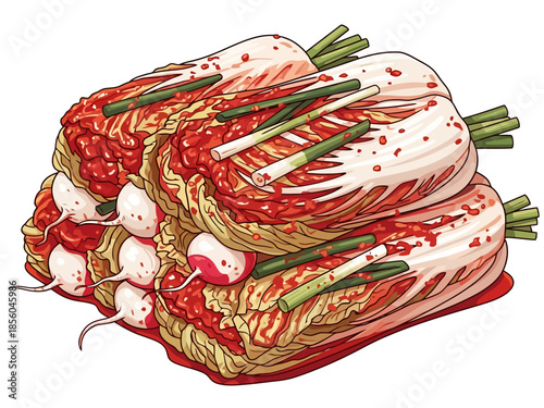 Savory Napa Cabbage Kimchi Preparation with Radishes and Scallions