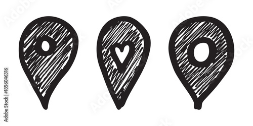 Set of hand drawn map pin Map marker pointer sign GPS and mapping tools Location pin symbol Pinpoint clipart in doodle style Single element for web, design