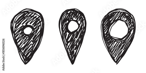 Set of hand drawn map pin Map marker pointer sign GPS and mapping tools Location pin symbol Pinpoint clipart in doodle style Single element for web, design