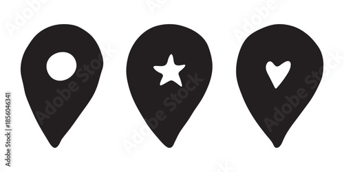 Set of hand drawn map pin Map marker pointer sign GPS and mapping tools Location pin symbol Pinpoint clipart in doodle style Single element for web, design