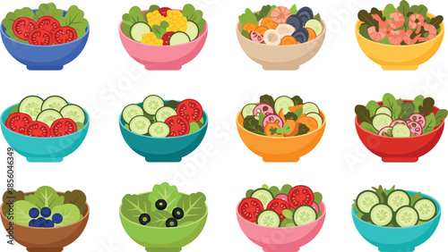 Fresh colorful salad bowls collection with vegetables and greens, healthy nutrition food variety set, vegetarian and vegan meals, flat vector illustration