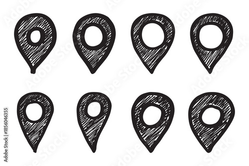 Set of hand drawn map pin Map marker pointer sign GPS and mapping tools Location pin symbol Pinpoint clipart in doodle style Single element for web, design