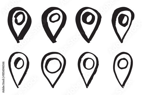 Set of hand drawn map pin Map marker pointer sign GPS and mapping tools Location pin symbol Pinpoint clipart in doodle style Single element for web, design