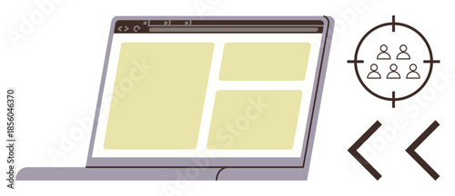 Laptop displaying web layout with target symbol and arrow brackets. Ideal for web development, digital marketing, online strategy, SEO, audience engagement, coding, analytics. Simple flat metaphor