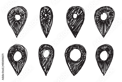 Set of hand drawn map pin Map marker pointer sign GPS and mapping tools Location pin symbol Pinpoint clipart in doodle style Single element for web, design