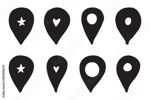 Set of hand drawn map pin Map marker pointer sign GPS and mapping tools Location pin symbol Pinpoint clipart in doodle style Single element for web, design