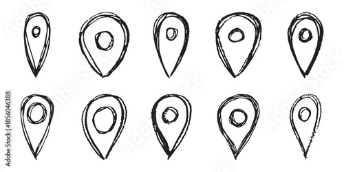 Set of hand drawn map pin Map marker pointer sign GPS and mapping tools Location pin symbol Pinpoint clipart in doodle style Single element for web, design