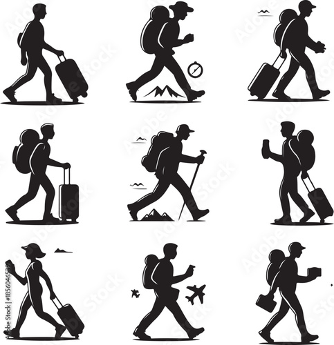 Silhouettes of travelers and hikers with luggage and backpacks isolated