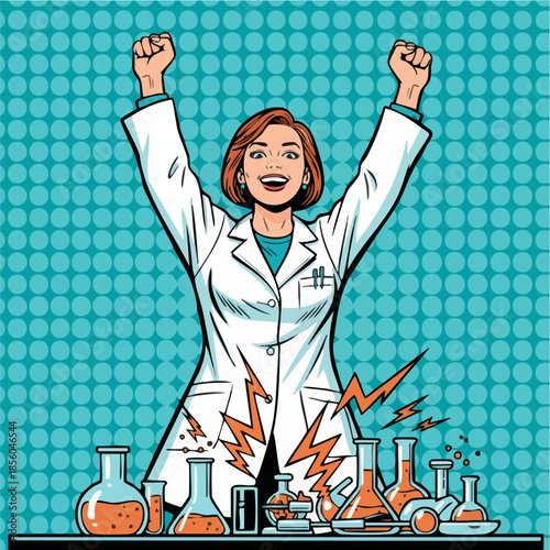 Excited woman scientist celebrating laboratory achievement.