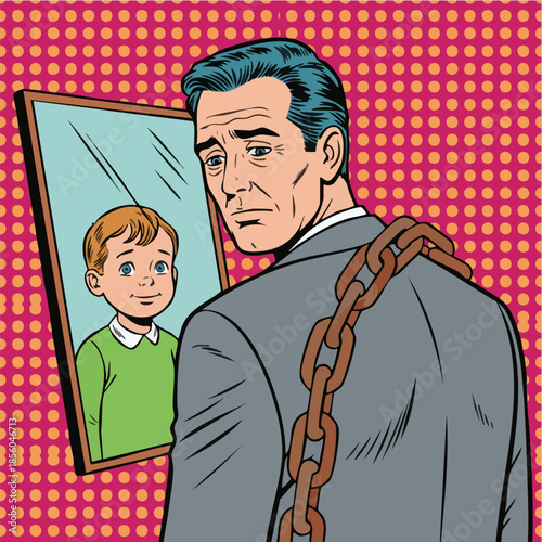 Burdened Adult Man Sees Happy Child Reflection in Pop Art Style