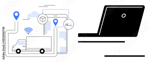 Delivery truck with route map, GPS pins, network signal, and smartphone highlights smart logistics. Ideal for delivery optimization, modern tech, fleet management, data insights, connectivity