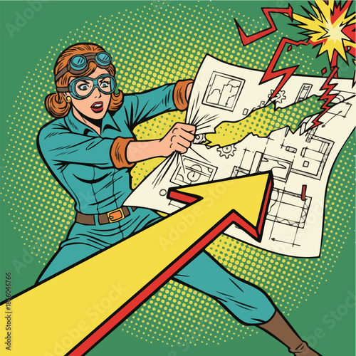 Angry vintage woman ripping failed technical project plans