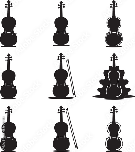 Collection of violins and cello silhouettes in various artistic styles