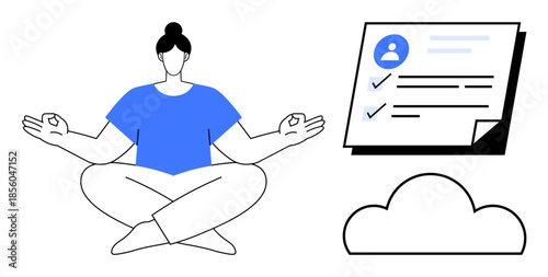 Woman sitting in lotus pose meditating next to checklist and cloud, emphasizing mindfulness, work-life balance, digital organization, personal growth, productivity, wellness, focus. Clean and simple