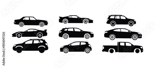 Car Silhouette Vector Set Modern Sedan, SUV, Sports Car, Hatchback, and Pickup Truck Icons