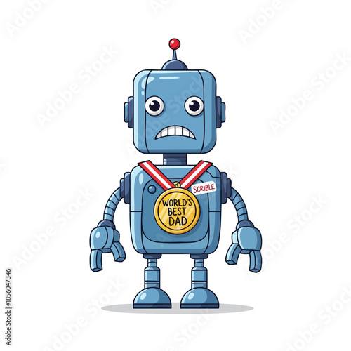 Sad Robot Wearing Worlds Best Dad Medal Vector Illustration