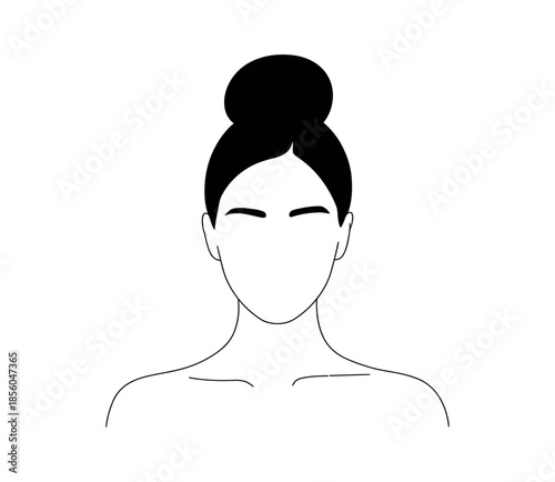 A simple line drawing of a person's head and shoulders with a black bun hairstyle and blank eyes.