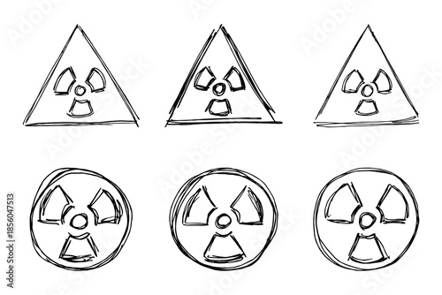 Set of hand drawn radiation sign Nuclear radiation hazard symbol Radioactive danger warning doodle Radioactive waste Single element for print, web, design, decor