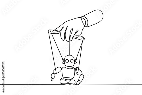 A single line drawing shows a puppet held by strings controlled by a hand, symbolizing control and manipulation.