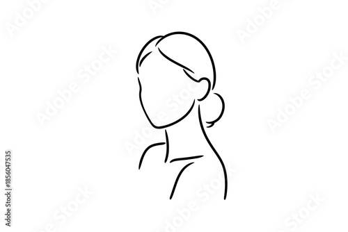 A minimalist line drawing of a woman's profile with her hair in a bun and a simple outline of her shoulders and neck against a white background.