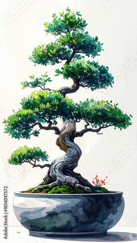 Serene bonsai tree with green leaf and twisted trunk in sleek pot. modern, minimalist design illustration on white background, evoking sense of calm and zen