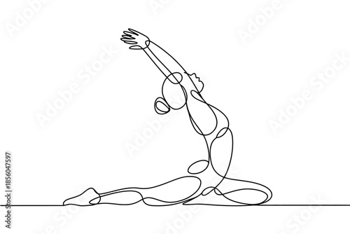 A single continuous line drawing depicts a person in a yoga pose, demonstrating flexibility and mindfulness through graceful movement and body contortion.
