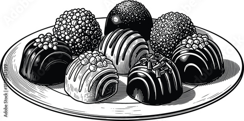 Assorted chocolate truffles on a plate illustration with detailed hatching textures for bakery menus and gourmet confectionery branding.