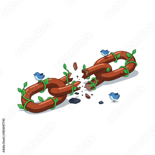 Broken Chain Links Overgrown with Vines and Blue Birds