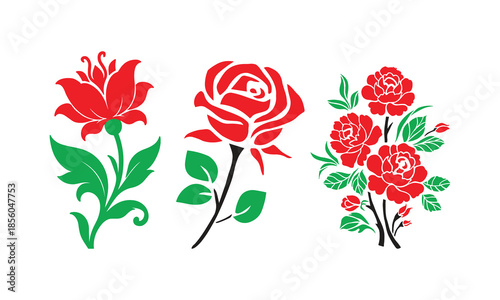 Wallpaper Mural Set of red rose floral illustrations with green leaves, isolated on white background. Perfect for romantic design, wedding invitations, decoration, branding, and floral graphic elements Torontodigital.ca
