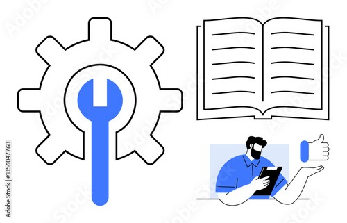 Education, tech support, knowledge sharing, instructions, troubleshooting, IT concepts. Gear and wrench icon, open book man with a tablet. Education and tech support