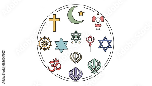 Diverse religious symbols in a circle representing unity and harmony among different faiths and cultures globally