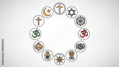 Diverse religious symbols in a circle representing christianity, islam, judaism, hinduism, buddhism, sikhism, and other faiths in a harmonious unity