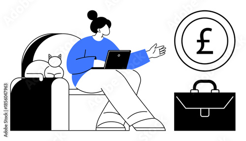 Remote work, financial planning, online business, telecommuting, digital economy, flexible work. A woman working on a laptop at home with a pound sign and briefcase nearby. Remote work and financial