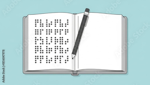 Open book with braille text and pencil on light blue background for education and accessibility