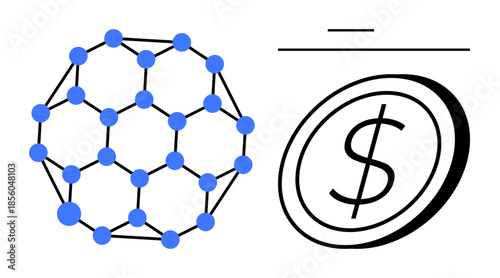 Blockchain concepts, cryptocurrency, digital transactions, financial technology, data networks, decentralized systems. A hexagonal structure beside a dollar symbol. Blockchain and cryptocurrency