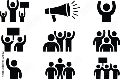 Black protest and activism icon set, featuring people crowd megaphone raised fist demonstration symbols for social movement design