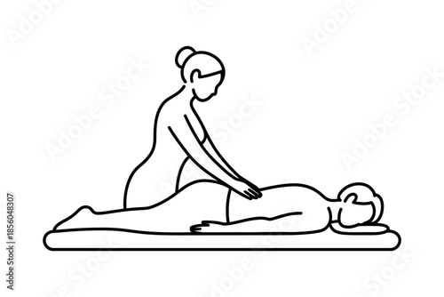 A person receives a back massage from a therapist, depicted in a minimalist line art style.