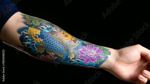 Detailed forearm tattoo artwork featuring koi fish motifs, floral elements, wave patterns, saturated colors, professional ink work, body art photography, with copy space