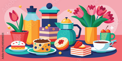 Colorful still life of breakfast and flowers food drink