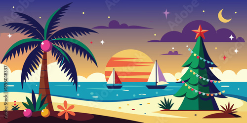 Tropical Christmas beach scene with palm tree and decorated tree